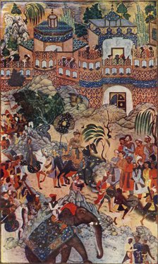 'The Great Emperor Akbar Enters His City in State', 1572, (1590-1595), (c1930).  Creator: Farrukh Beg.