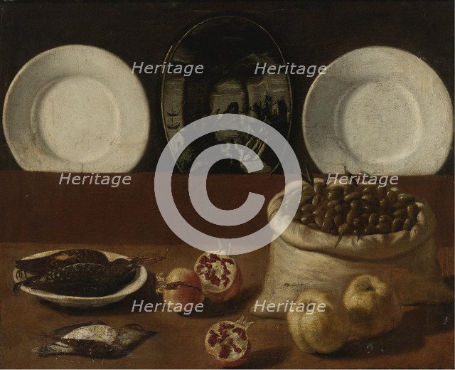 Still life with plates, a sack filled with olives, game, pomegranates, and quince. Artist: Barbieri, Paolo Antonio (1603-1649)