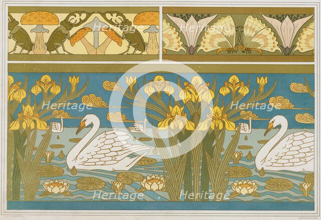 Stag beetles and mushrooms, sorrel and butterflies. Swans, irises and water lilies, 1897. Creator: Verneuil, Maurice Pillard (1869-1942).