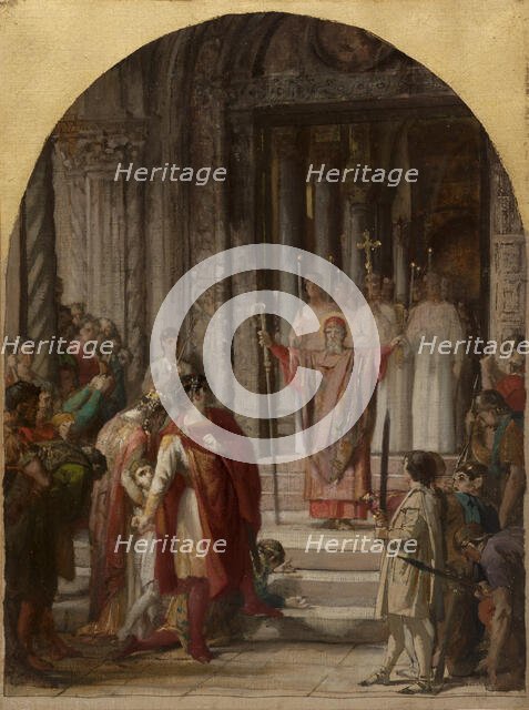 Esquisse pour l'église Saint-Ambroise: Saint Ambroise interdit l'entrée du lieu saint à..., c.1873. Creator: Jules Eugene Lenepveu.