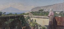 Woman on the terrace of the Cocumella hotel. View of Vesuvius, 1897. Creator: Henry Brokman.