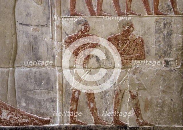 Polychrome relief depicting two Egyptian men, Mastaba of Mereruka, Saqqara, Egypt, 2003. Creator: Unknown.