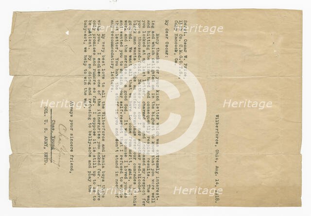 Letter to Oscar W. Price from Colonel Charles Young, August 14, 1918. Creator: Unknown.
