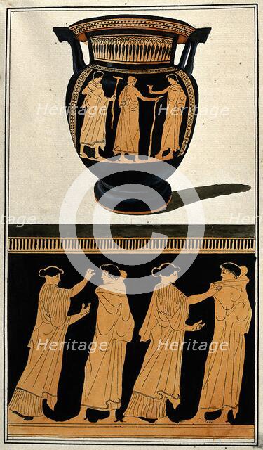 Above, red-figured Greek wine bowl (column krater); below, detail of decoration..., 1760-9. Creator: Augustin Dahlsteen.