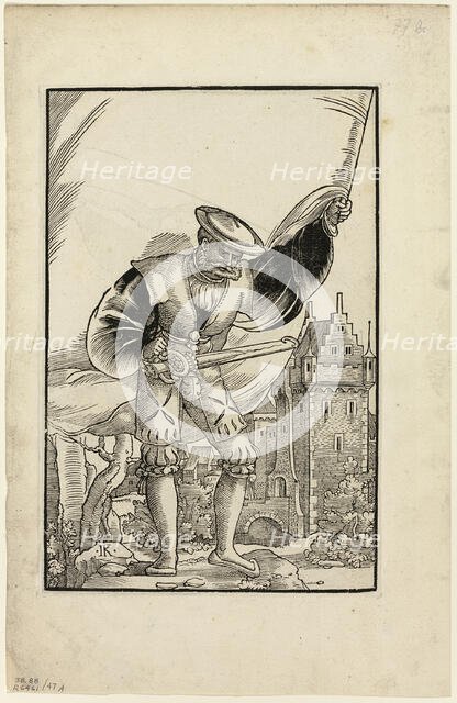 German Soldier Standing with Flag (recto), 1937. Creator: Monogrammist I.K..