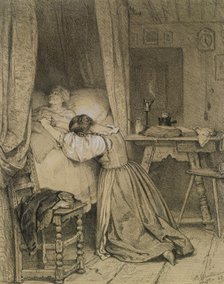 Woman Praying at a Deathbed, 1864. Creator: Benjamin Vautier.