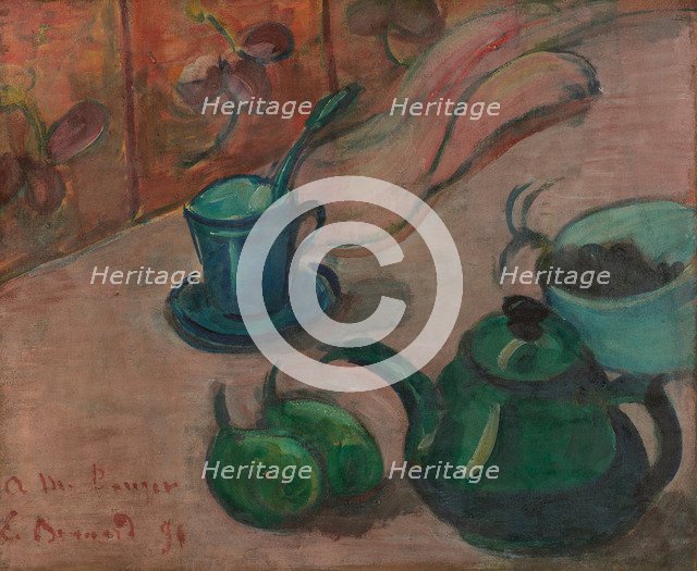 Still life with teapot, cup and fruit, 1890. Artist: Bernard, Émile (1868-1941)