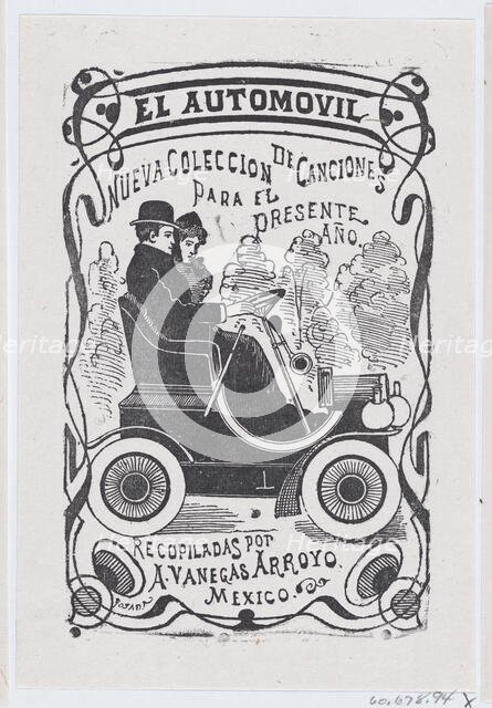 A couple sitting in an automobile, illustration for ' El Automóvil,' published by..., ca. 1880-1910. Creator: José Guadalupe Posada.