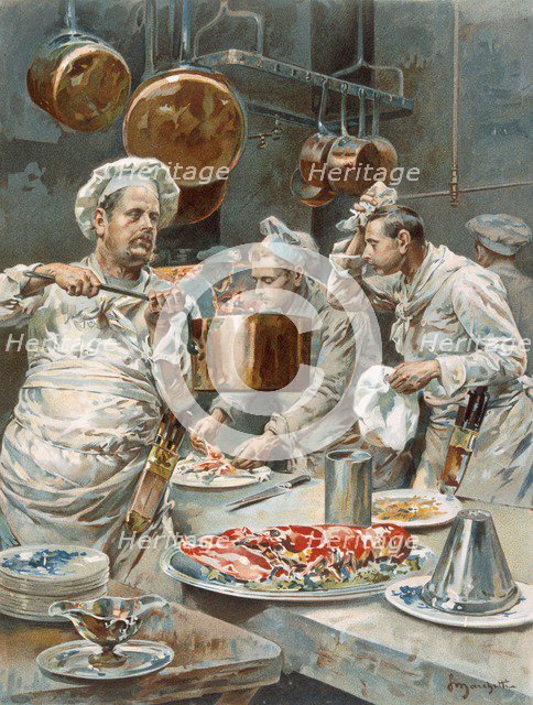 In the Kitchen preparations for Christmas Eve Dinner in a Paris Restaurant, from L'Illustration, p