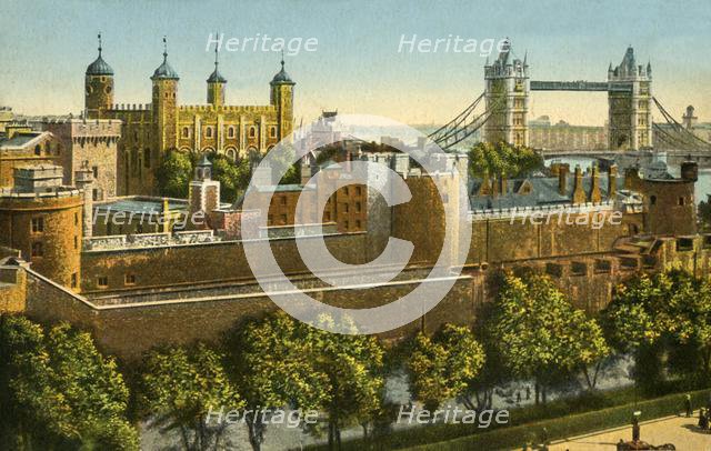 Tower Bridge and the Tower of London, c1910.  Creator: Unknown.