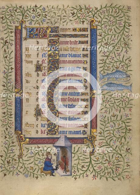 Calendar Page for February: Keeping Warm: Pisces; Book of Hours, about 1410. Creator: Unknown.