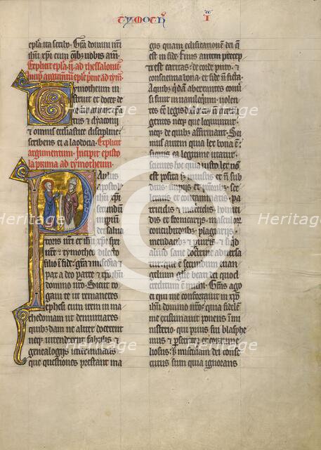 Initial P: Saint Paul with a Book and a Bishop; Concluding Volume of a Bible, about 1260-1270. Creator: Unknown.