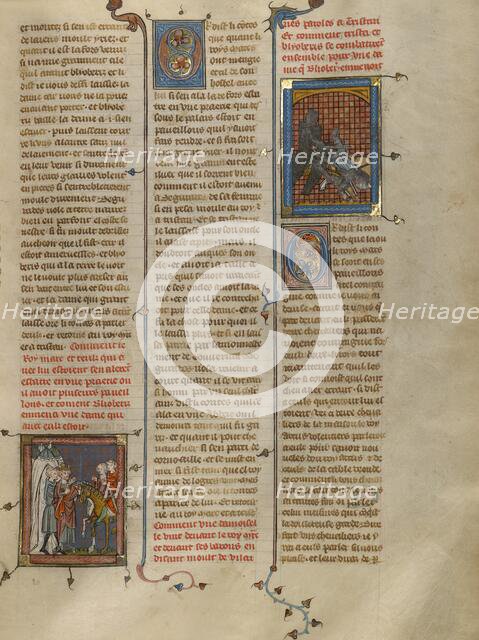 King Mark of Cornwall Speaking to Blioberis: Sword Fight between Tristan and..., about 1320-40. Creator: Unknown.