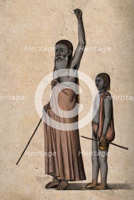 An old Hindu ascetic or holy man: standing, with left arm raised above his head..., 1880. Creator: Unknown.
