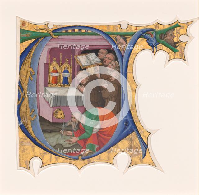 Initial T with a group of Benedictine monks singing before an altar from which issues water, 1430s. Creator: Master of the Cypresses.