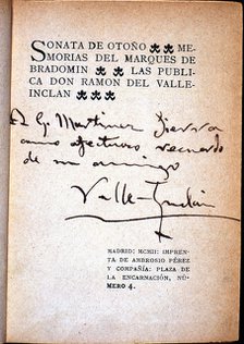Cover 'Autumn Sonata - Memoirs of the Marquis of Brandomin', by Valle Inclan with autograph inscr…