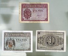Spanish Civil War (1936-1939). Banknotes issued in Burgos in 1937 and 1938, by the national side …