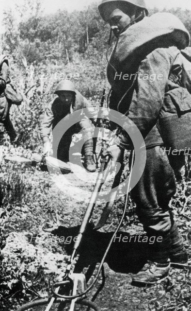 Russian soldiers clearing mines, west of Minsk, 1944. Artist: Unknown