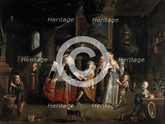 Interior with a medical practitioner, a woman holding a flask, and five other people. Creator: Balthasar van den Bossche.