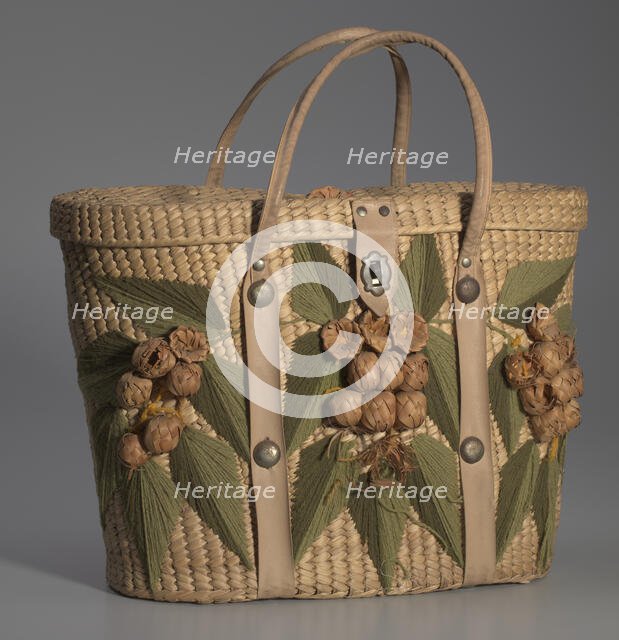 Woven basket purse with floral design from Mae's Millinery Shop, 1941-1994. Creator: Unknown.