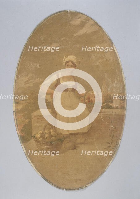 Farmer seated near two baskets of apples. Decorative painting for the Cafe de Paris, c1900. Creator: Unknown.