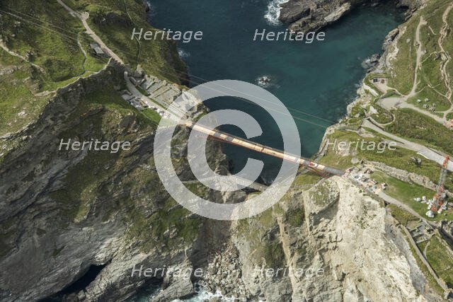 Construction of new Tintagel Castle footbridge, Cornwall, 2019. Creator: Damian Grady.