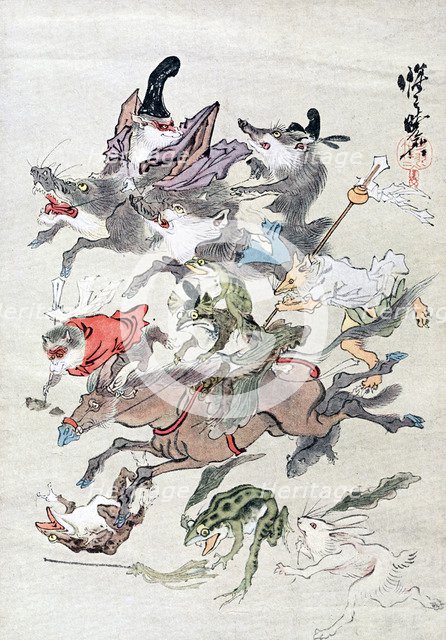 Animals and ambhipibians in a hunting scene, 20th century. Artist: Unknown