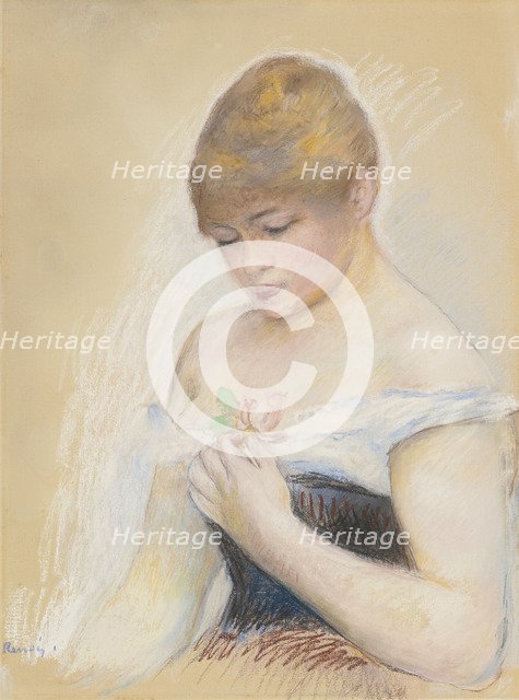 Young Woman Holding A Flower. Portrait of the actress Jeanne Samary, c. 1880. Artist: Renoir, Pierre Auguste (1841-1919)