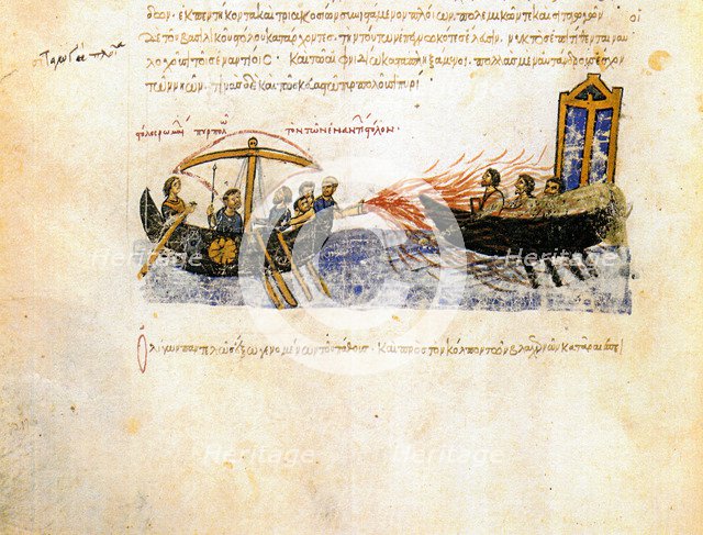 Greek fire. Miniature from the Madrid Skylitzes, 11th-12th century. Artist: Anonymous  