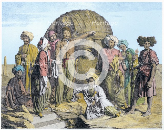 Archaeologist Bernardino Drovetti measuring a colossal head in the Egyptian desert, 1819. Artist: G Engelmann