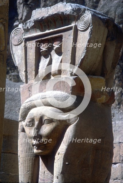 Close-up of Hathor headed capitals, Temple of Hatshepsut, Luxor, Egypt, c15th centuryBC. Artist: Unknown