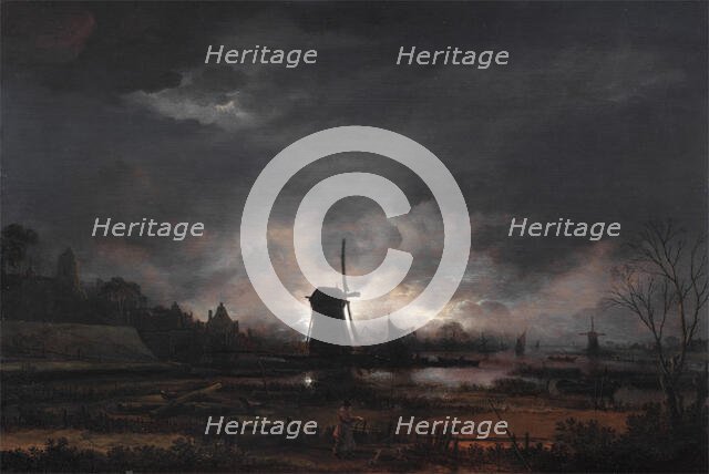 Moonlit Landscape with a Windmill, early to mid 1650s. Creator: Aert van der Neer.