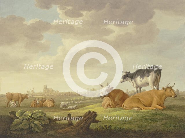 Cows and sheep in a meadow, a town in the distance, a milkmaid on the left. Creator: Aelbert Cuyp.