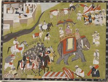 Procession of a Raja on elephant with armed escort and retainers, late 19th century. Artist: Unknown.