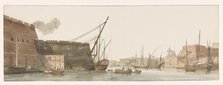 View of a wharf in the port with ships in Malta, 1778. Creator: Louis Ducros.