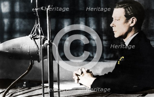 Edward VIII giving his abdication broadcast to the nation and the Empire, 11th December 1936.   Artist: Unknown.