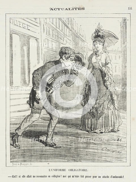 L'Uniforme obligatoire -Ciel! si elle allait me reconnaitre en collégien! Moi qui m'étais..., 1872. Creator: Cham.
