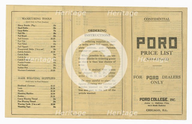 Price list for dealers of Poro products, 1915-1953    . Creator: Unknown.