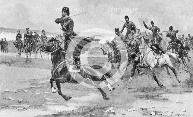 Russian Cossacks at drill, Russo-Japanese War, 1904-5. Artist: Unknown