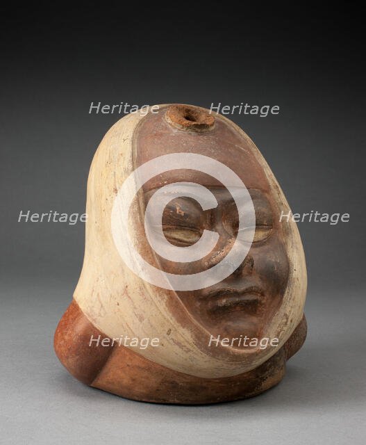 Stirrup Spout Vessel with Missing Handle in the Form of a Head Wraped in Textile, 100 B.C./A.D. 500. Creator: Unknown.
