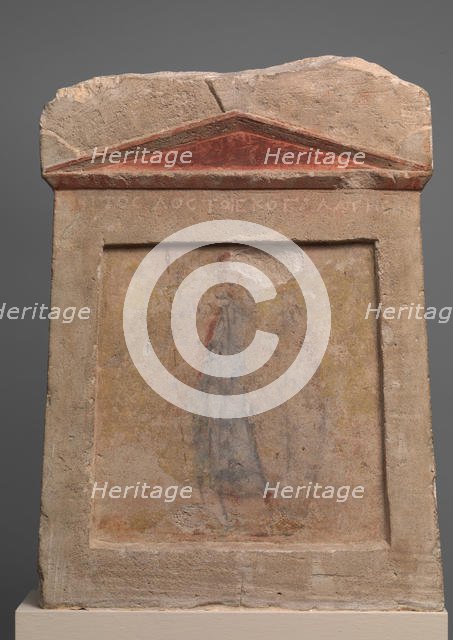 Painted limestone funerary slab with a soldier standing at ease, 2nd half of 3rd century B.C. Creator: Unknown.