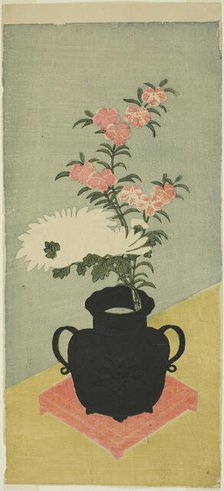 White Chrysanthemums and Pinks in a Black Vase, 1765/70. Creator: Ippitsusai Buncho.