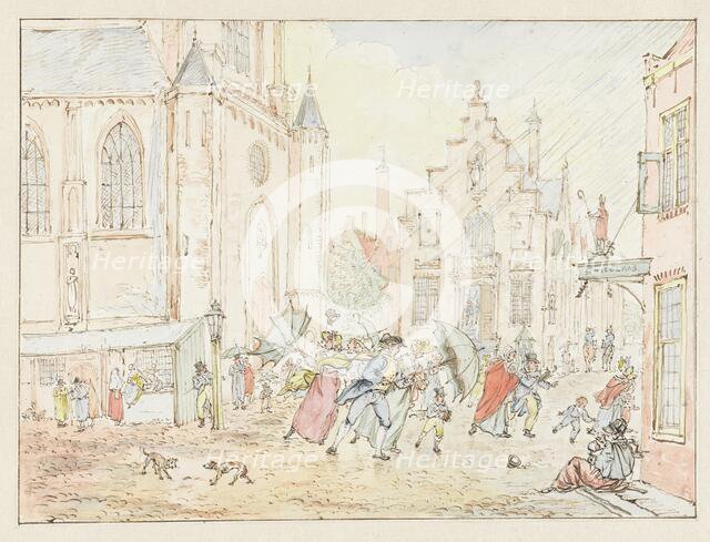 Square with people in the rain, 1782-1837. Creator: Pieter Bartholomeusz. Barbiers.