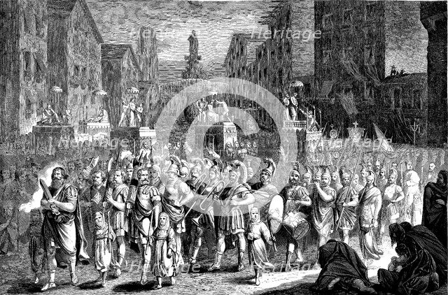 Easter procession in Spain, Holy Thursday in Barcelona, ??German engraving from 1868.