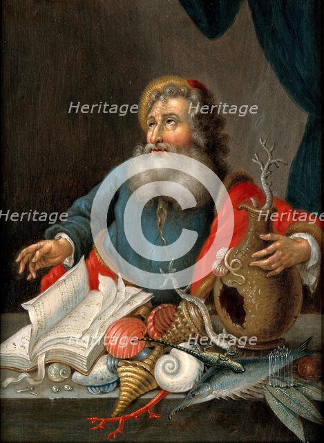 A man with coral, shells, fish, and a book, 17th (?) century. Creator: Unknown.