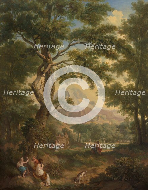 Arcadian landscape, children with a bird and a dog in left foreground, 1771.  Creator: Juriaan Andriessen.