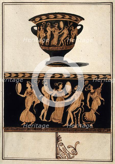 Above, a red-figured Greek wine bowl (krater); below, detail of the decoration showing ..., .1760-9. Creator: Augustin Dahlsteen.