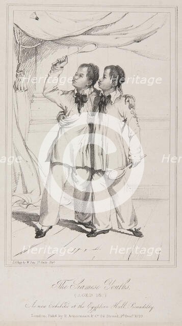 'The Siamese Youths...at the Egyptian Hall, Piccadilly', 1829. Creator: William Day.