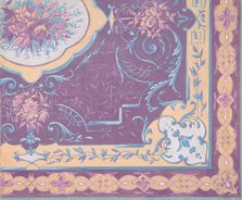 Wallpaper design featuring bouquets of roses, strapwork, and rinceaux, 1830-97. Creators: Jules-Edmond-Charles Lachaise, Eugène-Pierre Gourdet.