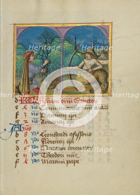 November Calendar Page; Gathering Acorns for Pigs; Sagittarius; Book of Hours, early 16th century. Creator: Unknown.